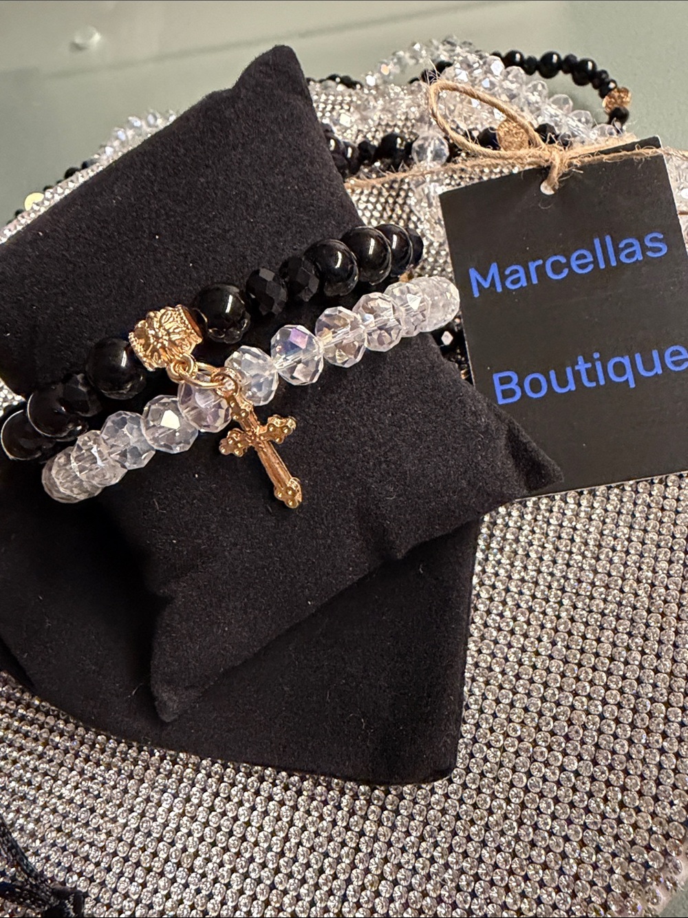 🦋5/$25🦋 Black and Clear Crystal Bracelet Stack with Gold Cross Charm